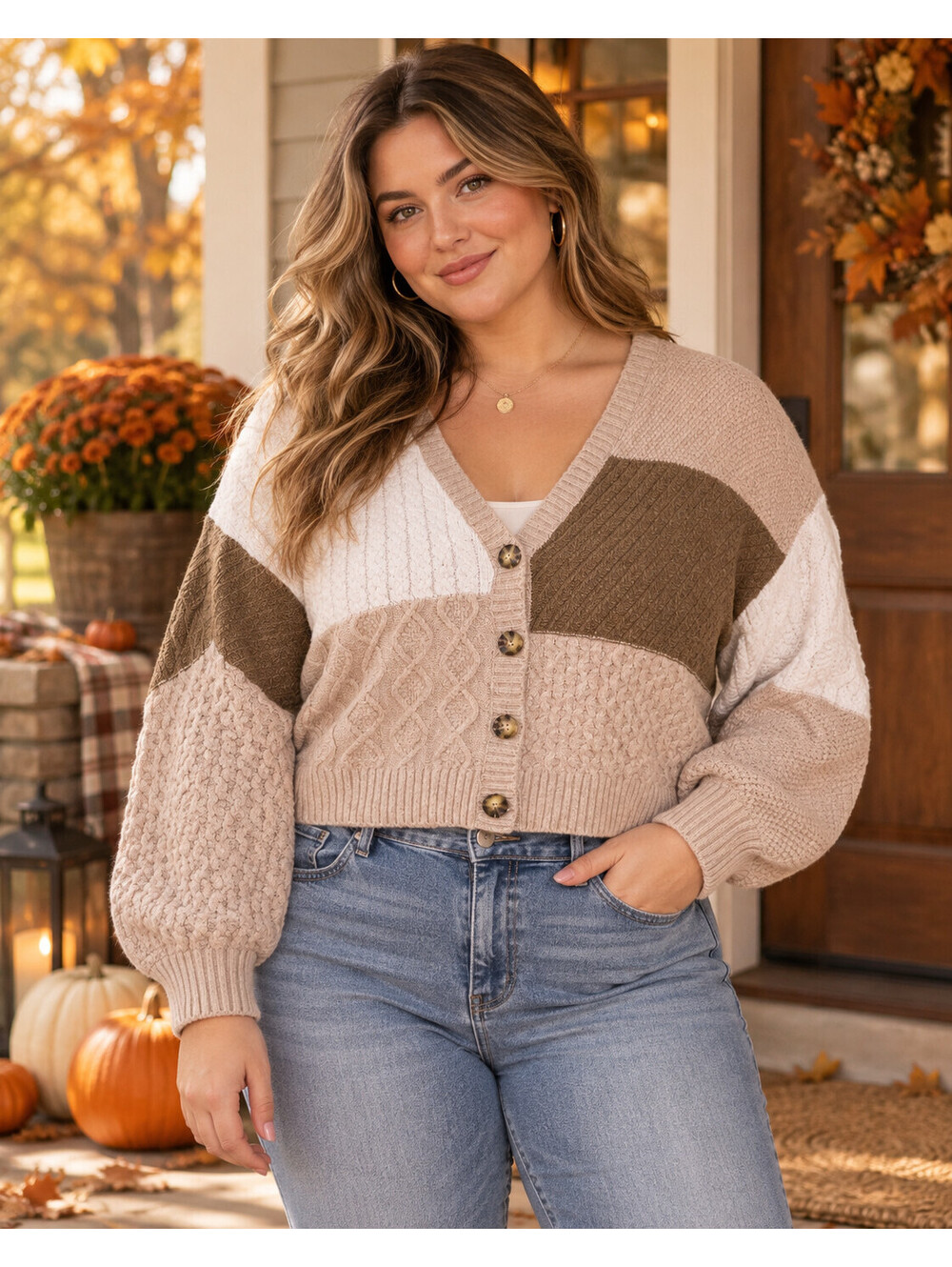 Blu Pepper Colorblock Cable Knit Cardigan Womens L Beige Cropped Academia